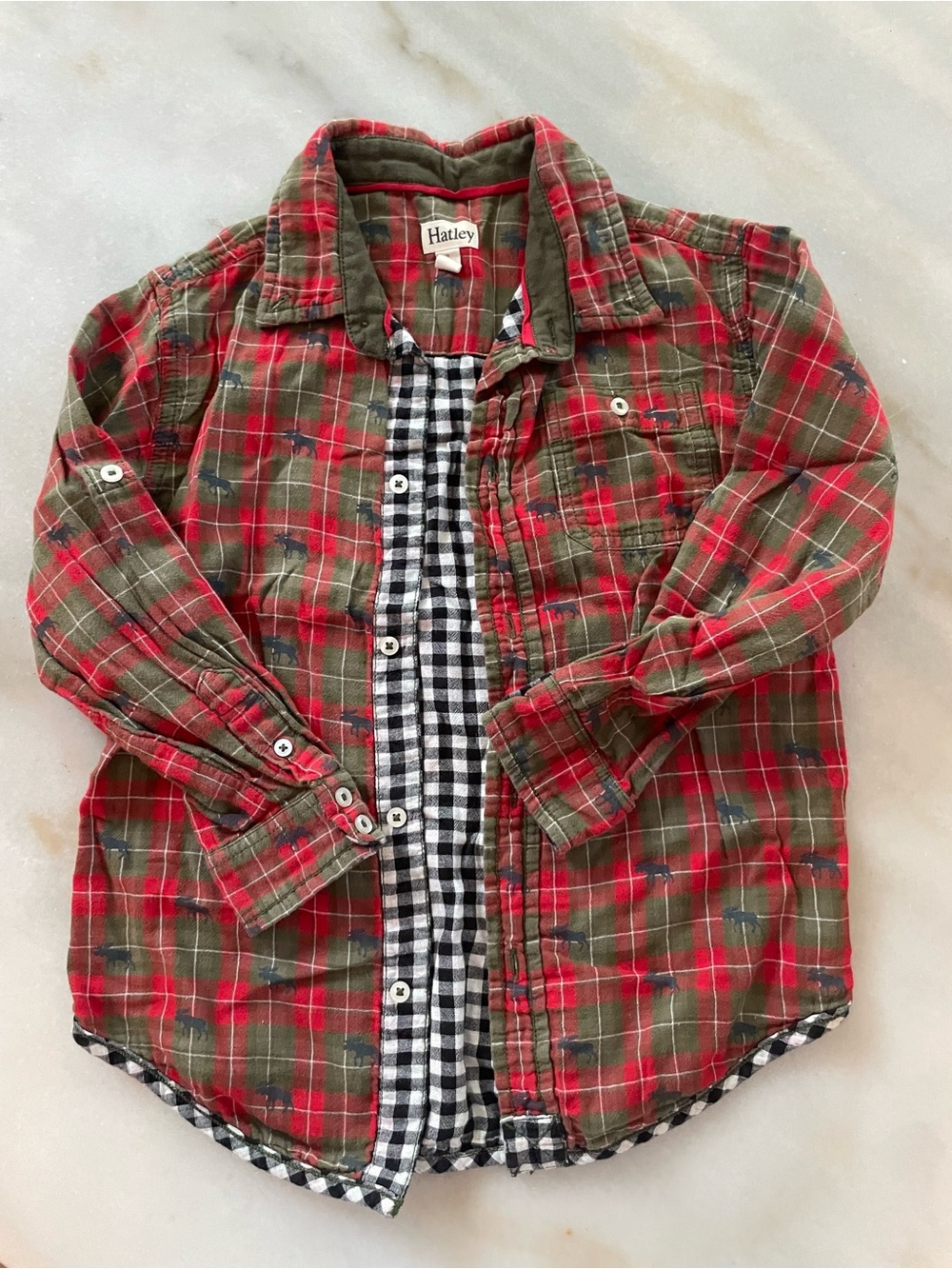 Hatley Kids Red & Olive Plaid Button-Up Shirt size 7